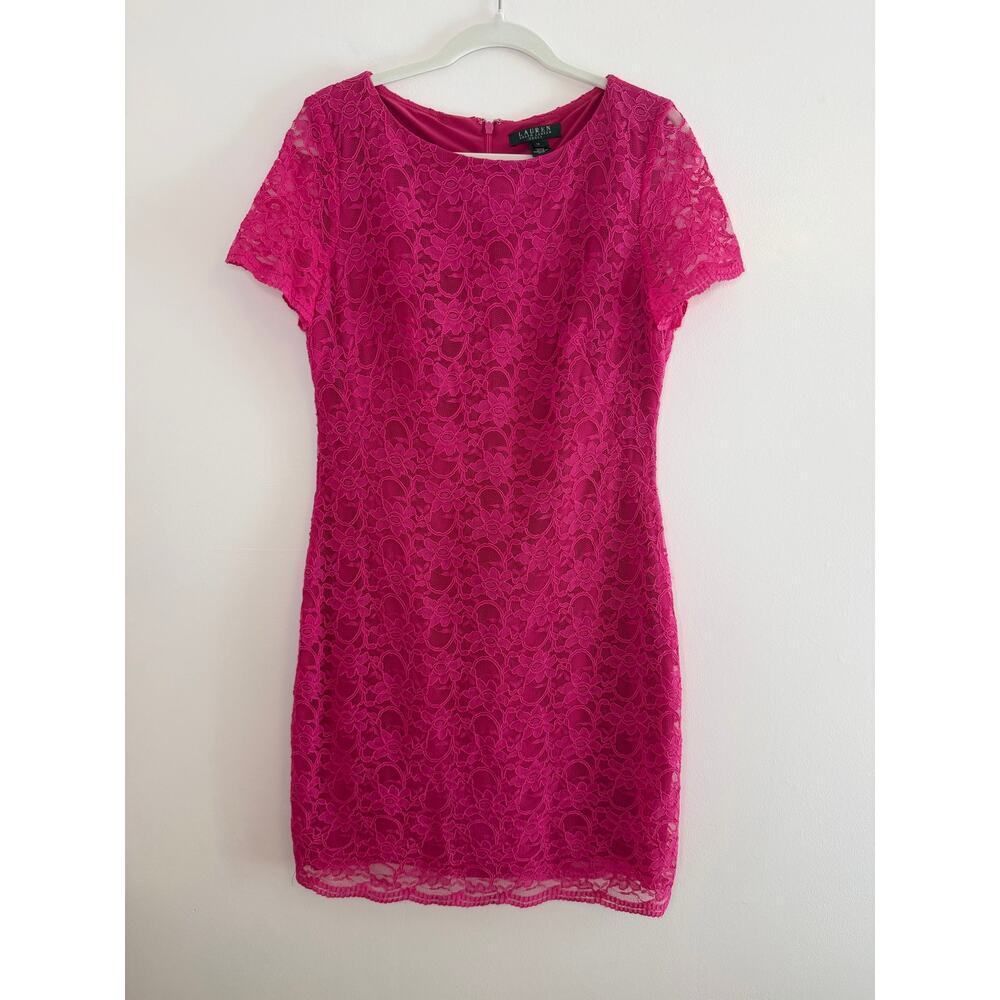 Lauren Ralph Lauren Fuchsia Lace Sheath Dress Cocktail Party Wedding Size 12